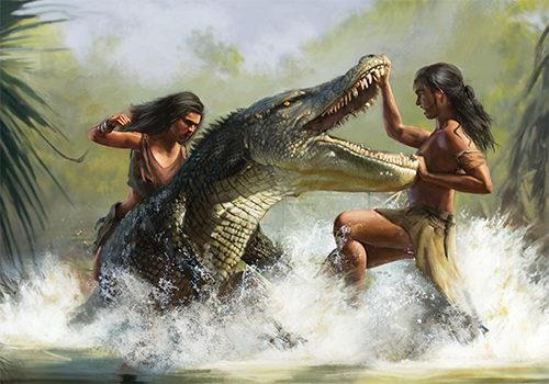 Two warriors fighting a gator