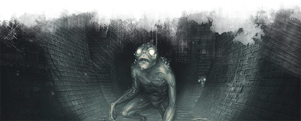 A scaly humanoid in a brick sewer tunnel