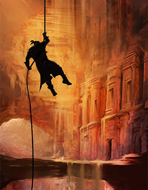 An adventurer descending down a rope in front of some ancient ruins