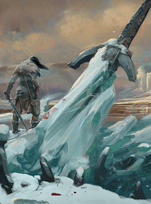 A barbarian in the front north stands beside a huge frozen sword