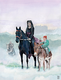 Image of a mounted lady all dressed in black. She has a dwarf with her and a mounted champion.