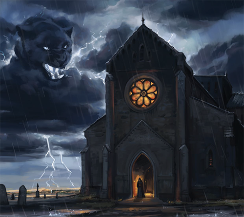 A chapel with a storm cloud looking like a great cat 