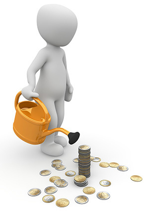 A 3D-modeled person watering some Euro coins so they will grow