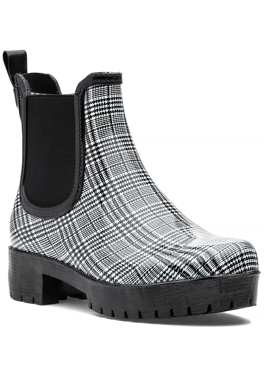 black and white plaid rain boots
