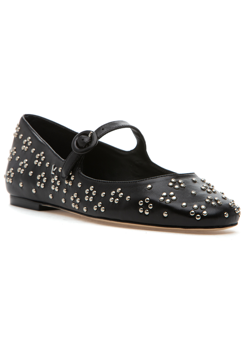 Larroude Blair Ballet Mary Jane Flat Black Leather/Studs