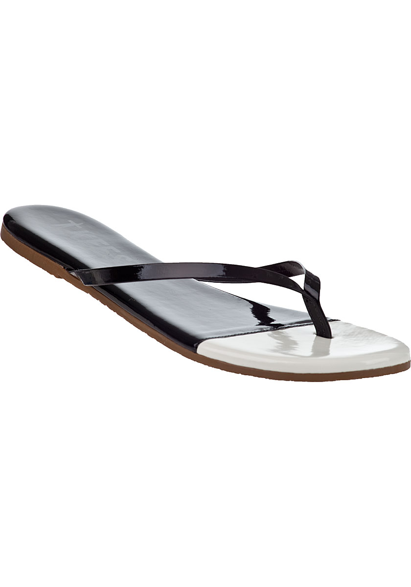 black patent flip flop sandals