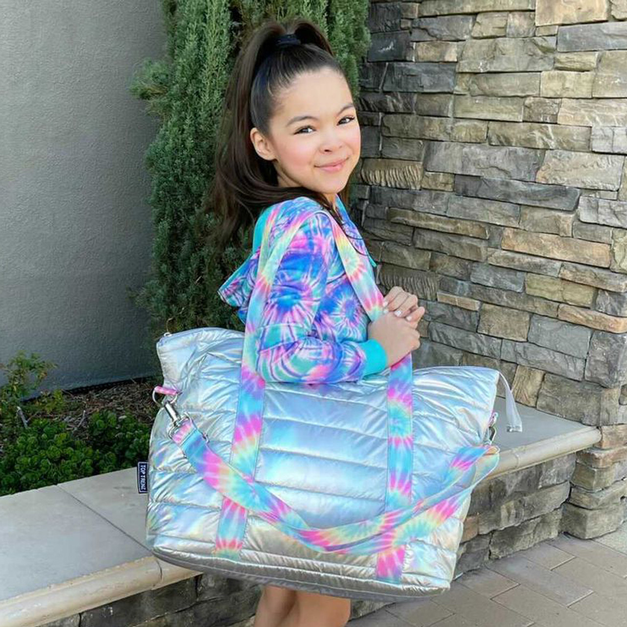 Iridescent Puffer Tote with  Pastel Tie Dye Straps