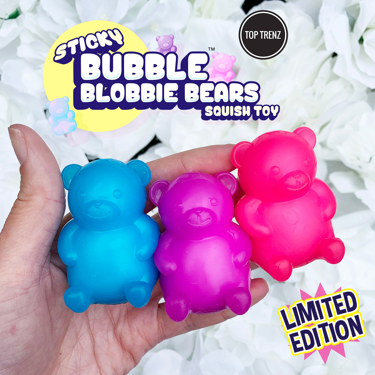 Gummy bear Blobbies are fun to sqweeze and fidget. They can crawl down the wall.