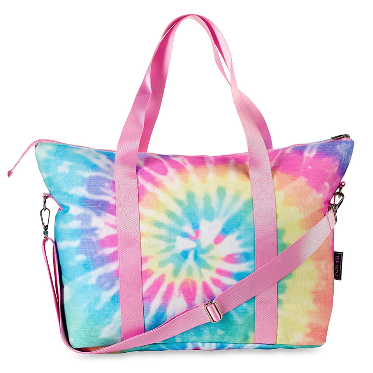 Top trenz canvas material tote bag with a pastel colored tie dye print and pink straps