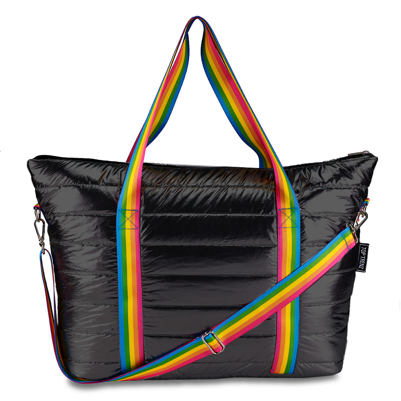 Black Puffer Tote with Primary Rainbow Straps