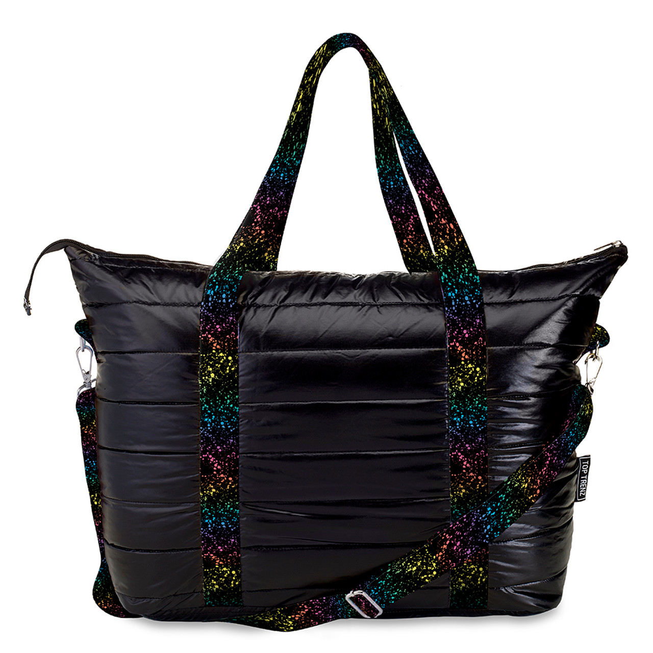 Black Puffer Tote Bag Rainbow Splatter Straps