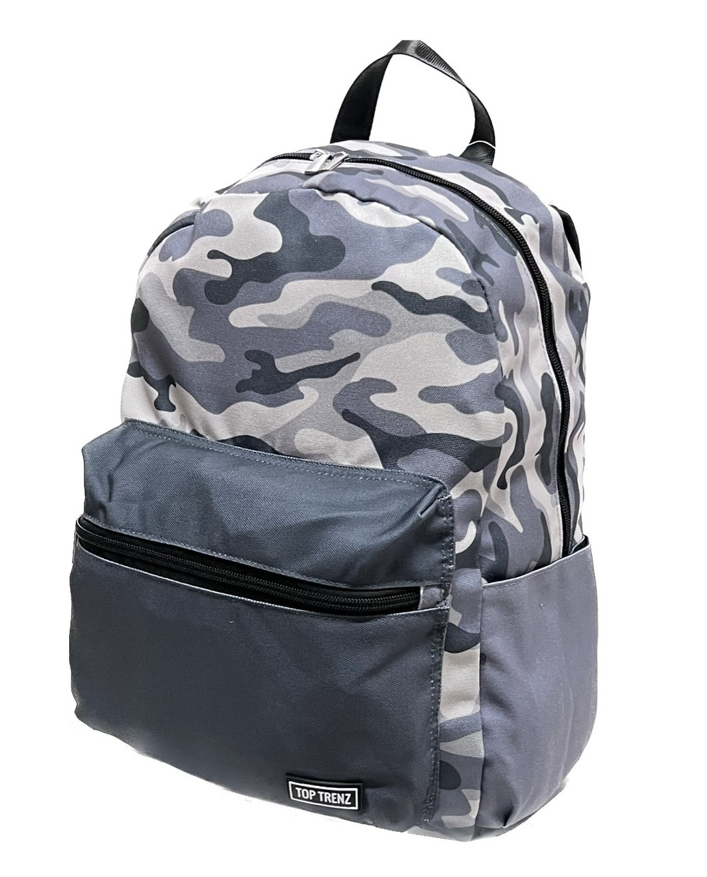 Top Trenz black and grey canvas backpack with a camo print for camp and school
