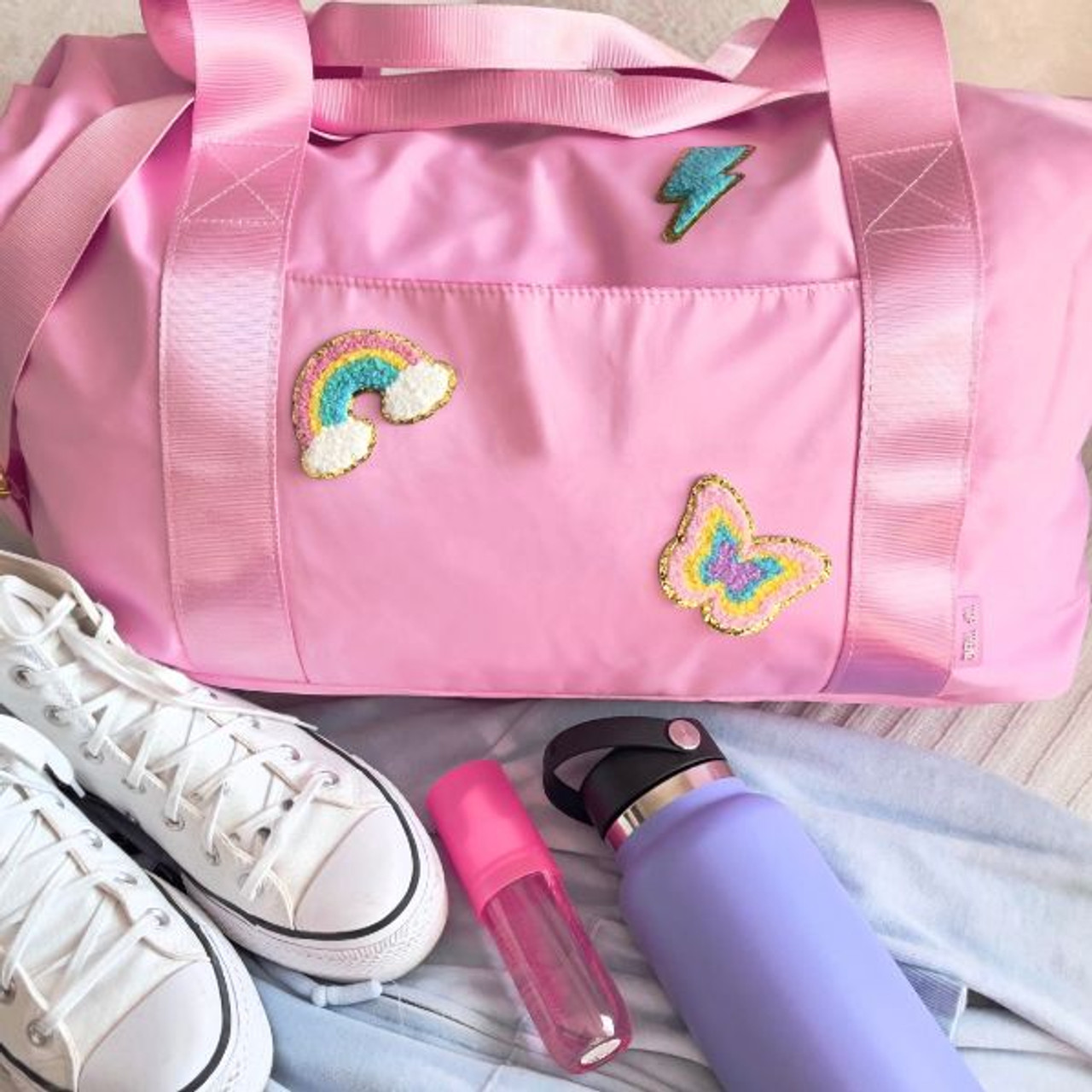 Top Trenz Pink Nylon Oversized Weekender Duffel Bag with Patches