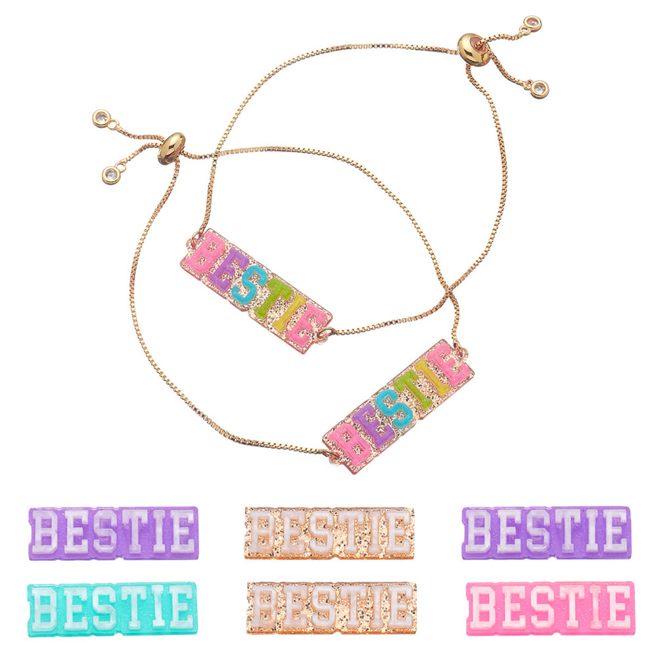 Top trenz collection of bff besties charm bracelets with "bestie" acrylic on a gold adjustable bracelet