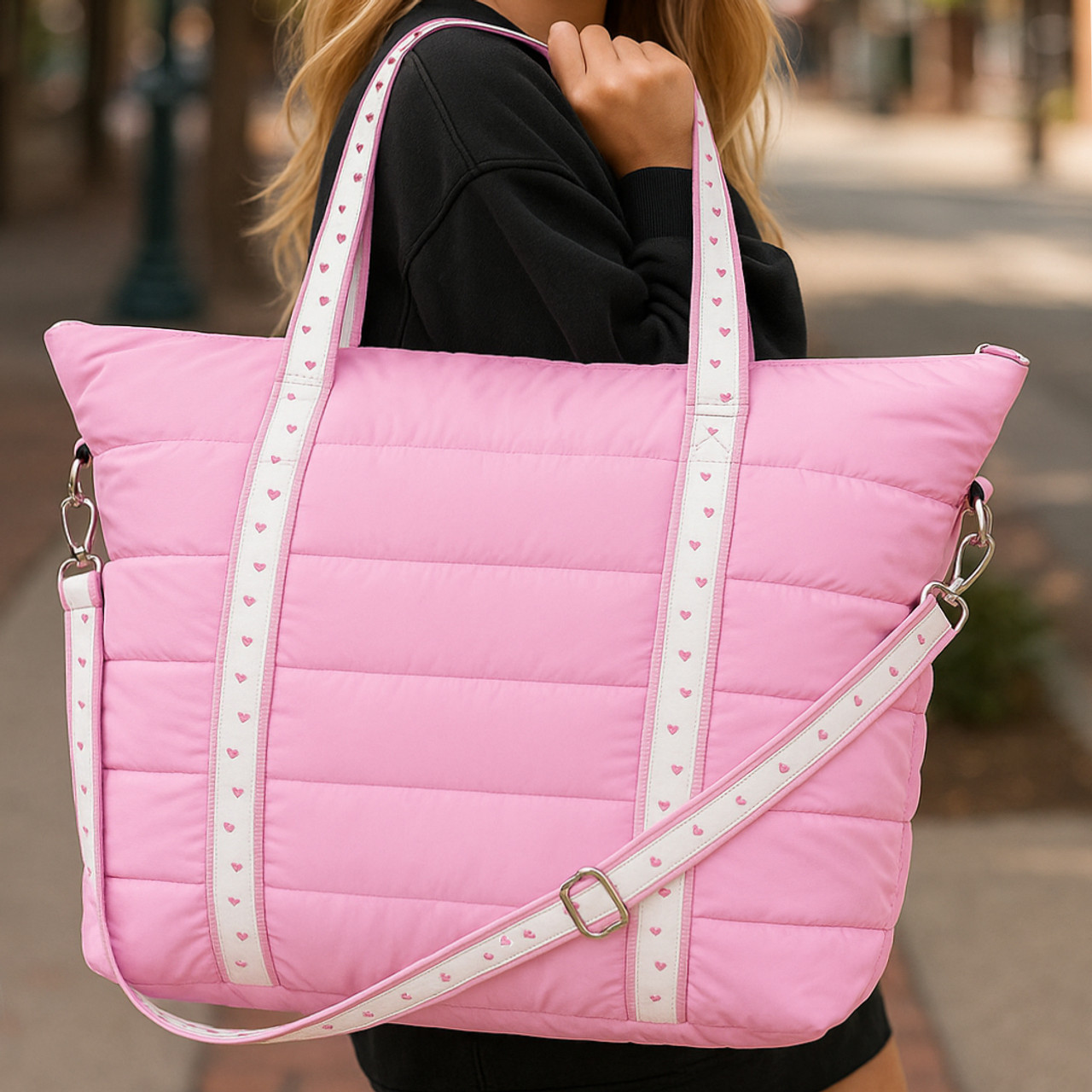 Puffer tote bag pink with heart design adjustable straps