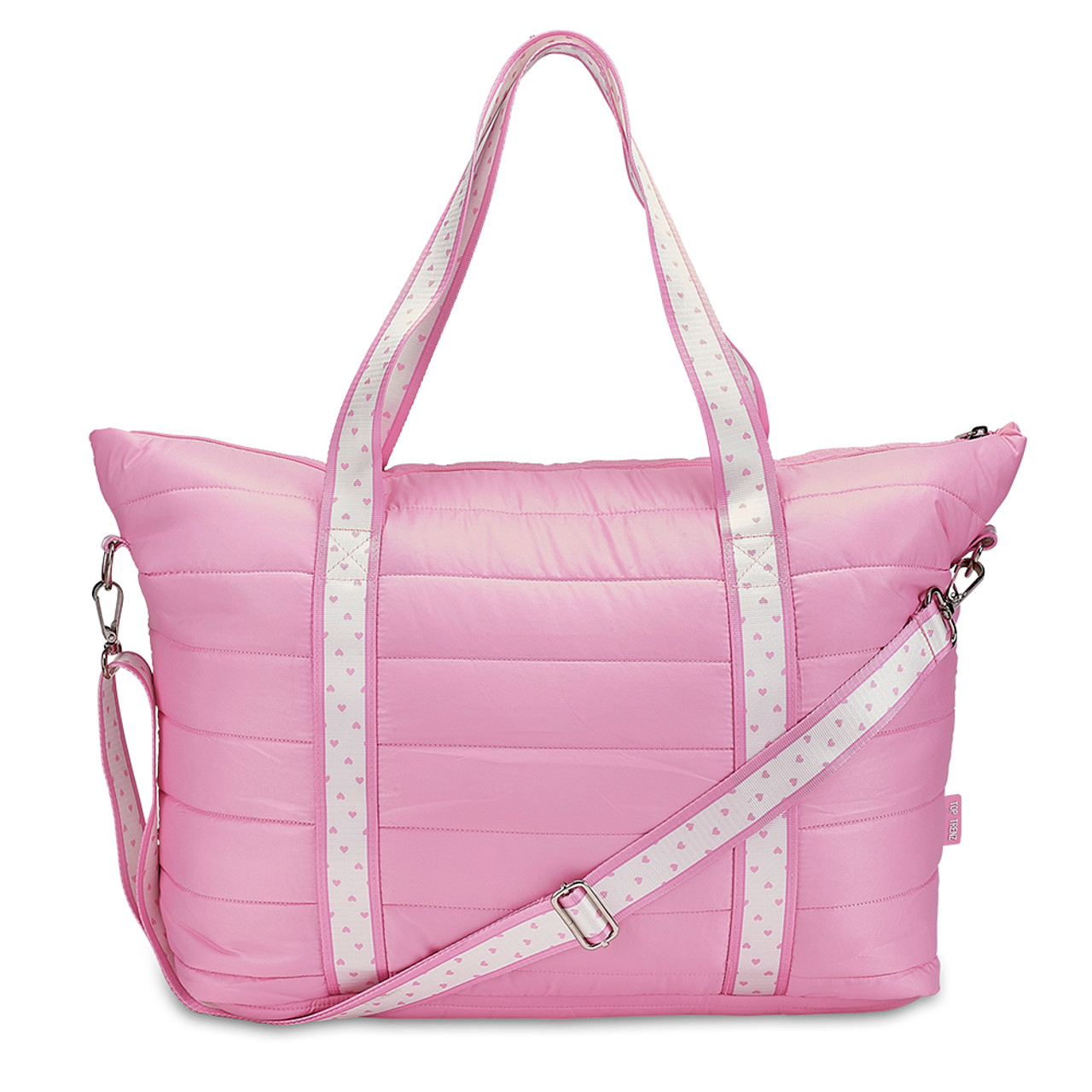Puffer tote bag pink with heart design adjustable straps