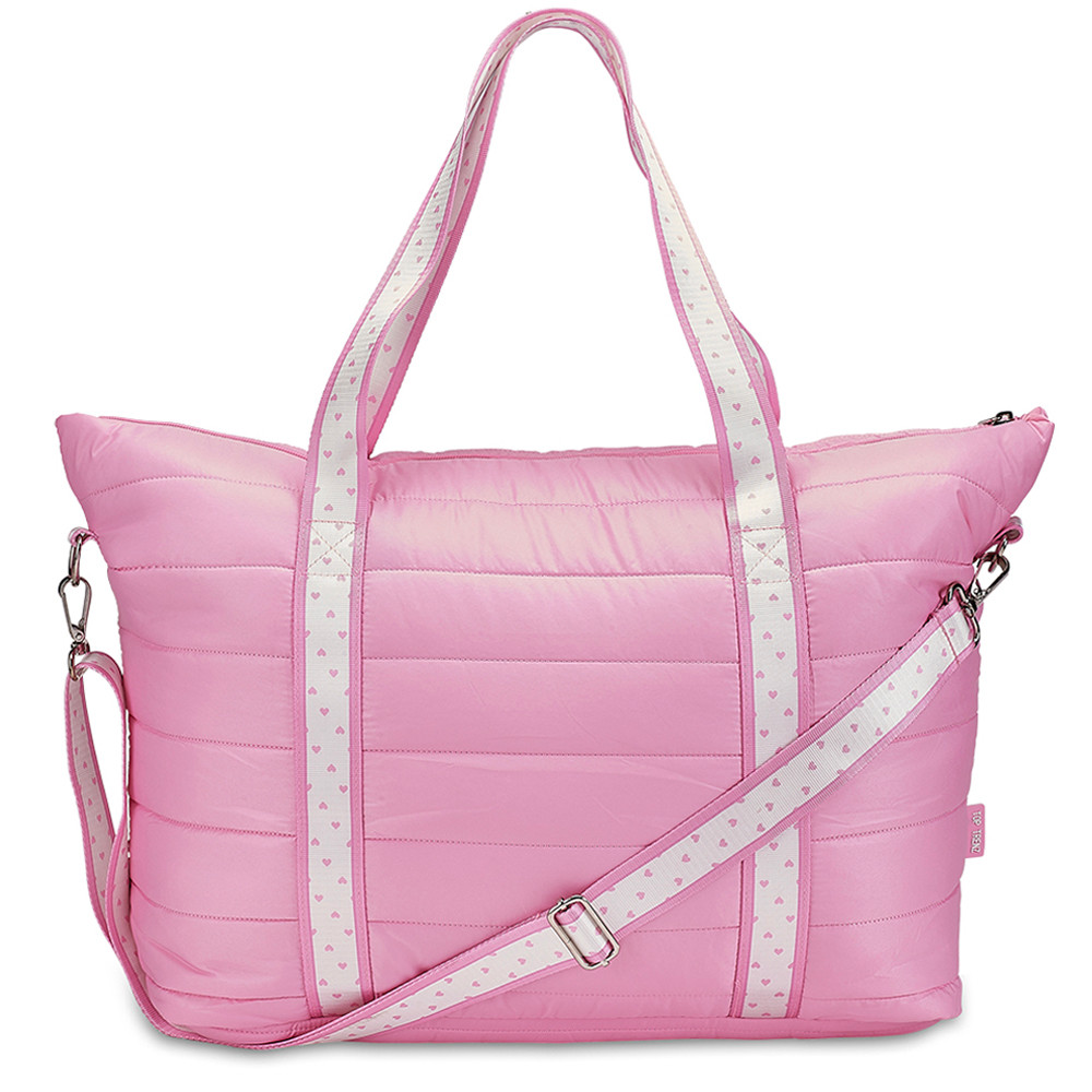Trendy Pink Puffer Tote Bag – Heart Strap Shoulder Bag