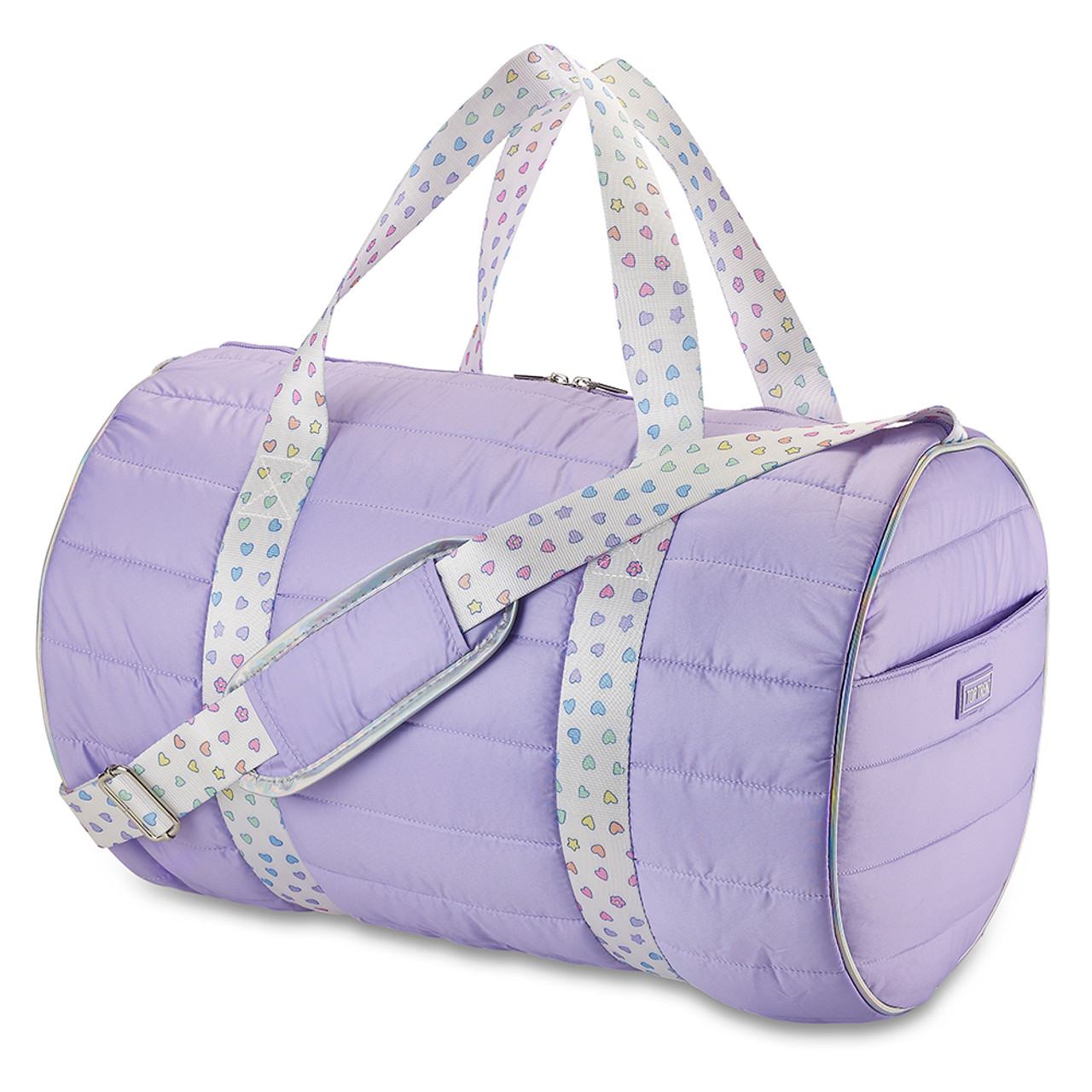 Purple Puffer Duffel Bag with Rainbow Heart Straps – Trendy Purple Puffer Duffel Bag with Rainbow Heart Straps – Trendy