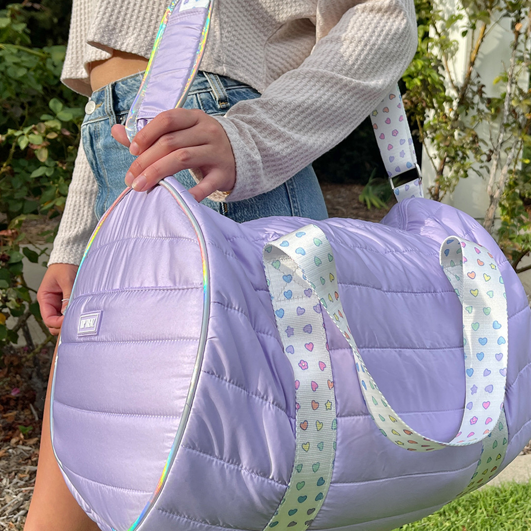 Purple duffle bag with rainbow hearts, roller rabbit print