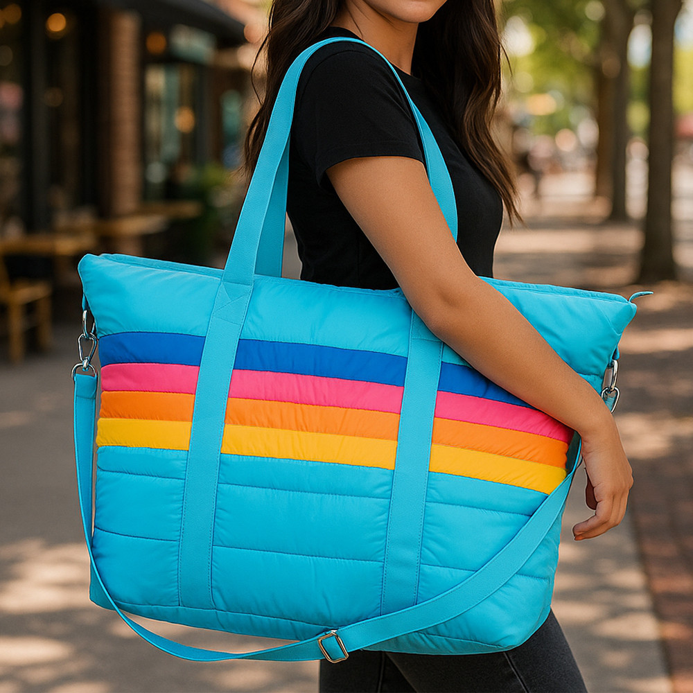 トップス Buffer Weekender Blue Puffer Retro Stripe Tote Bag – Trendy, Lightweight & Stylish
