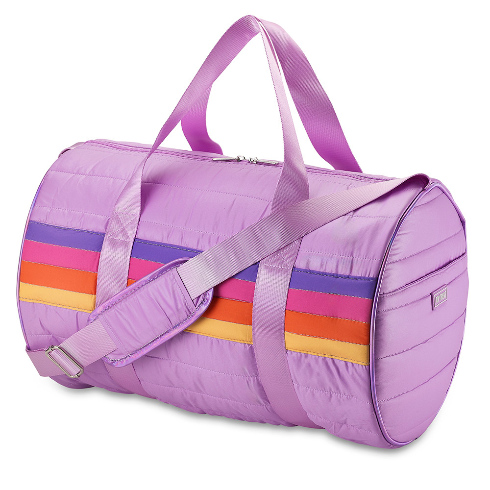 Retro Stripe Purple Puffer Duffle Bag | Trendy Gym & Sleepover Bag