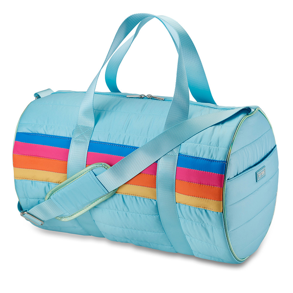 Retro Stripe Blue Puffer Duffle Bag | Trendy Gym & Sleepover Bag
