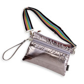 Gunmetal Puffer 3-in-1 crossbody pouch and fanny pack purse with Rainbow Track Straps