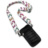 Top Trenz black puffer material crossbody bag with rainbow butterfly printed straps