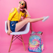 Model showing off her Top Trenz Pastel Delight Canvas 2-Zipper Backpack