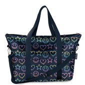 Top Trenz navy colored puffer stitched tote weekender bag with printed hearts, smiley faces, and peace signs