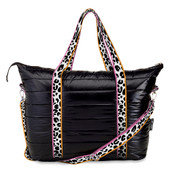 Black Puffer Tote Weekender Bag w/ Leopard Stripe Straps