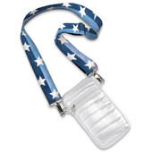 Top Trenz white puffer material cellphone wallet bag with a blue and white star adjustable strap