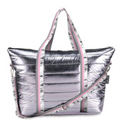 Top Trenz Gunmetal Puffer Tote with White Marble Stripe Straps weekender bag