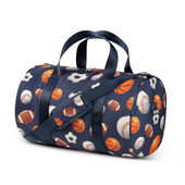 Top Trenz navy colored canvas duffel bag with soccer, baseball, and footballs printed