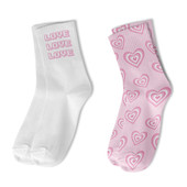 Top Trenz 2 pack of crew socks pink and white with love and hearts printed