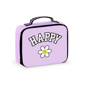 Top Trenz purple canvas lunch snack bag with handle and happy patches sewn on
