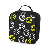 Top Trenz black and yellow canvas lunchbox with yellow and white printed happy faces