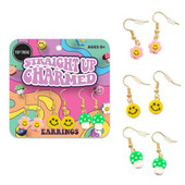 Top Trenz Straight Up Charmed Dangle Earrings Pink Daisy, Happy Face, Green Mushroom Set