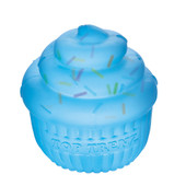 A close-up of a blue colored Sprinkle Cupcake Sugar Squisher Stretch Toy