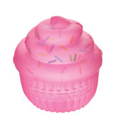 A close-up of a bright pink colored Sprinkle Cupcake Sugar Squisher Toy