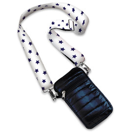 Top Trenz navy puffer material cellphone purse bag with printed blue star strap Top Trenz navy puffer material cellphone purse bag with printed blue star strap
