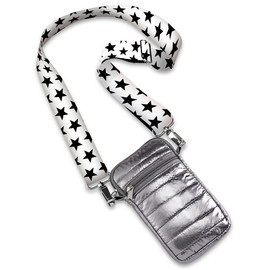 Top Trenz gunmetal metallic puffer cell phone bag with black stars printed strap Top Trenz gunmetal metallic puffer cell phone bag with black stars printed strap