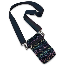 Top Trenz navy puffer material cell phone bag with printed smiles, hearts and peace signs Top Trenz navy puffer material cell phone bag with printed smiles, hearts and peace signs