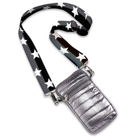 Gunmetal Puffer Crossbody Cell Bag with Grey and Black Split Star Straps Gunmetal Puffer Crossbody Cell Bag with Grey and Black Split Star Straps