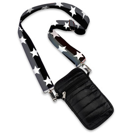Top Trenz Black Puffer Crossbody Cell Phone Bag  with Grey and Black Split Star Straps Top Trenz Black Puffer Crossbody Cell Phone Bag  with Grey and Black Split Star Straps