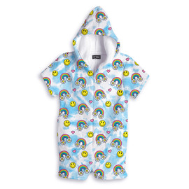 Top Trenz Daisy Rainbow Fuzzy Romper loungewear with rainbows and smiley daisies printed Top Trenz Daisy Rainbow Fuzzy Romper loungewear with rainbows and smiley daisies printed