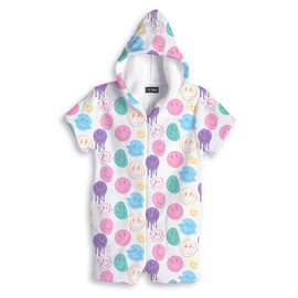 Top Trenz Pastel Smiley Fuzzy Romper. Cozy short romper with pastel smiley print Top Trenz Pastel Smiley Fuzzy Romper. Cozy short romper with pastel smiley print