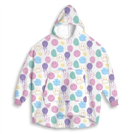Top Trenz White HUUUGEY Oversized Hoodie  with pastel smile face print Top Trenz White HUUUGEY Oversized Hoodie  with pastel smile face print