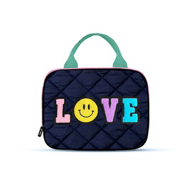 Top trenz navy puffer insulated lunch bag with handle and love patches stitched Top trenz navy puffer insulated lunch bag with handle and love patches stitched