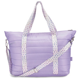 Puffer purple tote bag with multi color heart and star straps. Puffer purple tote bag with multi color heart and star straps.